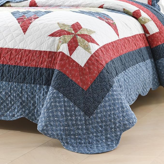 Cotton Bedspread Quilt Bedding Sets 3 Pieces Reversible Coverlets Real Patchwork Star Red Blue Bedspread, King Size