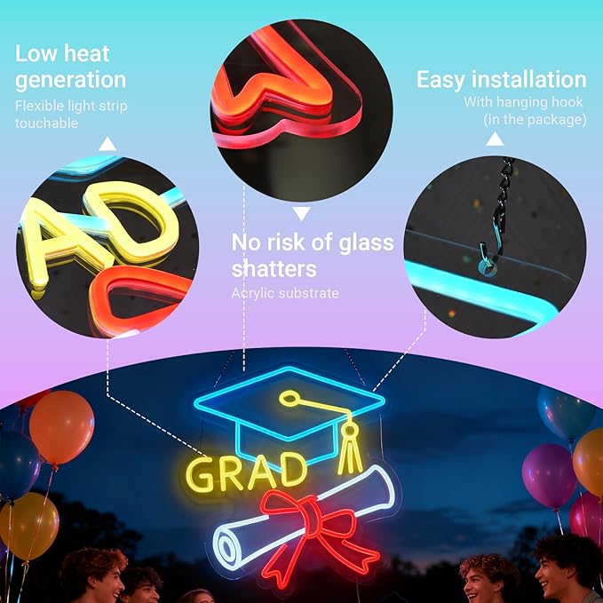 Congrats Grad Neon Sign - 4-Color Graduation Decorations 2026, 10-Level Dimmable LED Wall Decor, USB Powered Gift for Graduate, 14.2"x13"