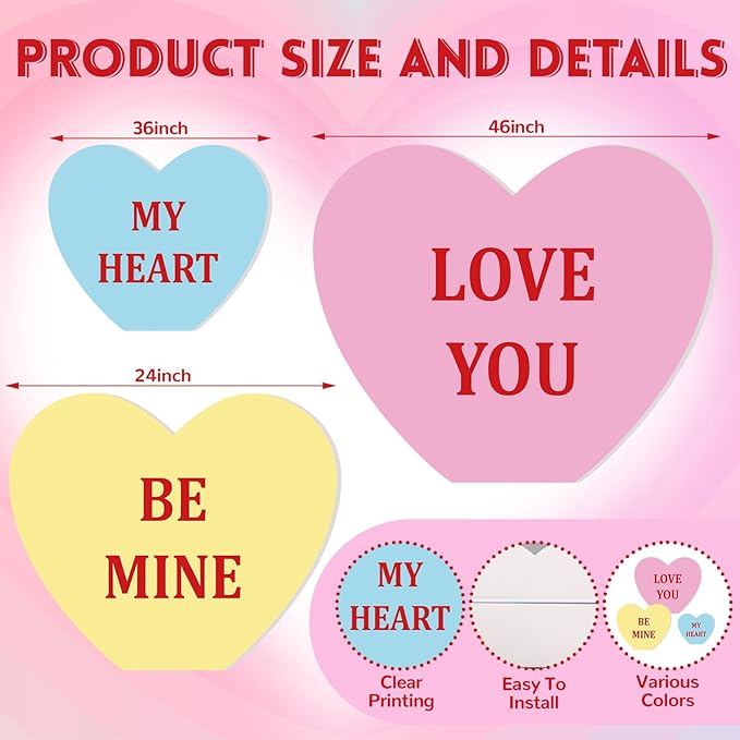 Teling 3 Pcs 24in 36in 46in Valentine's Day Conversation Heart Cardboard Cutout Stand up Set Valentines Day Party Backdrop Sweetheart Candy Conversation Heart Decoration for Wedding Party Photo Prop
