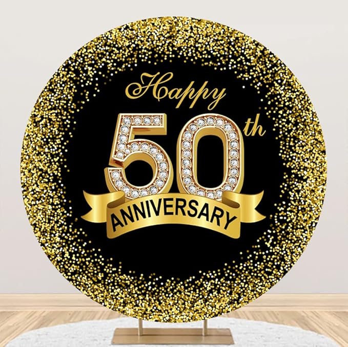 5.5x5.5ft Happy 50th Anniversary Round Backdrop Cover Luxurious Black Gold Happy 50th Years Wedding Anniversary Party Circle Backdrop Background Gold Glitter Diamond Ribbon Decor Banquet Props