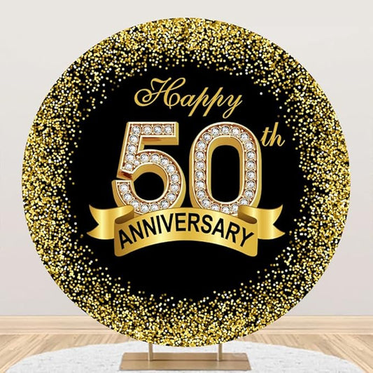 6.5x6.5ft Happy 50th Anniversary Round Backdrop Cover Luxurious Black Gold Happy 50th Years Wedding Anniversary Party Circle Backdrop Background Gold Glitter Diamond Ribbon Decor Banquet Props