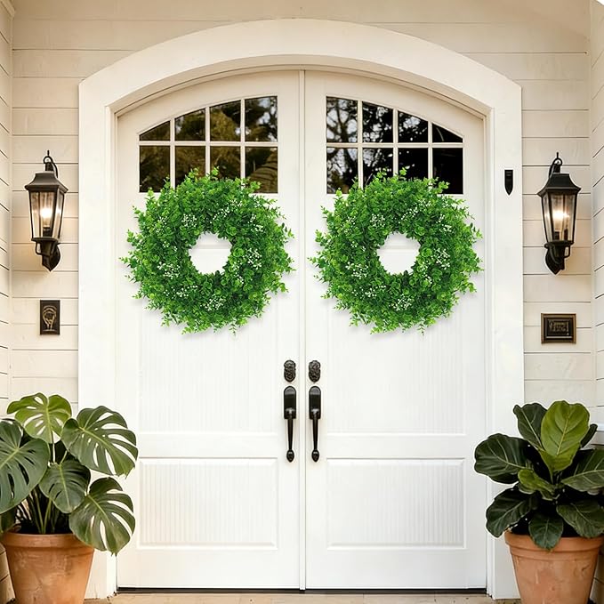 26'' Large Boxwood Wreath for Front Door Artificial Boxwood Leaves Greenery Outdoor Wreath for Porch Window Farmhouse Wall Home Decor Green Year Round Indoor Outdoor Spring Summer Fall All Seasons