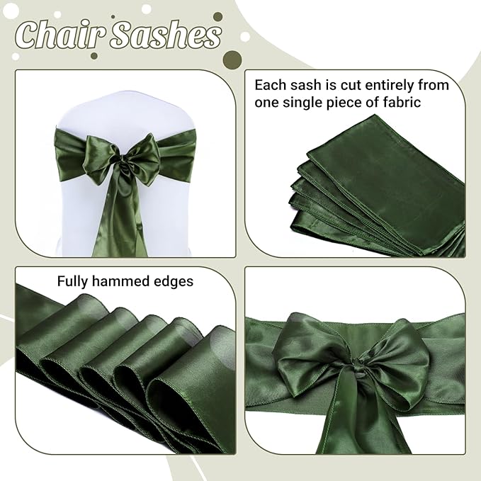 VDS Satin Chair Sashes Chair Cover Back Tie Sateen Bows Ribbon for Wedding Birthday Graduation Engagement Ceremony Event Party Banquet Venue Hotel All Dining Chair Decoration (75PC) (Olive Green)