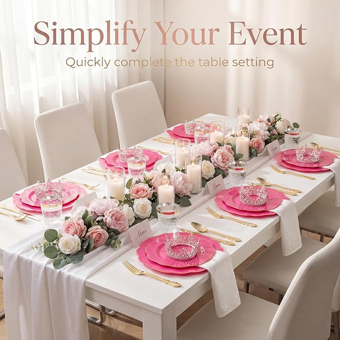 NOCCUR 175PCS Hot Pink Plastic Plates with Gold Disposable Silverware - Include 50 Hot Pink Plates,25 Knives,25 Forks,25 Spoons,25 Cups and 25 Napkins - Ideal for Party/Valentines & Galentines Day