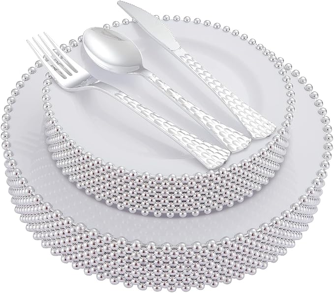 HOMIP 75Pcs Fancy Disposable Dinnerware Party Set, 15 Dinner Plates 15 Dessert Plates with Silver Bead Rimed, 15 Silver Spoons, 15 Knives, 15 Forks, Plastic Silverware for Wedding Birthday Party