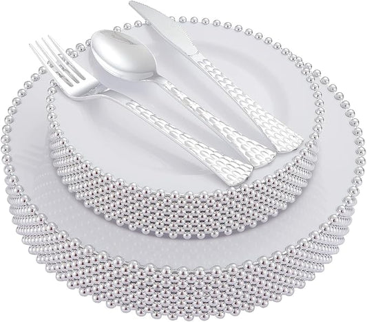 HOMIP 75Pcs Fancy Disposable Dinnerware Party Set, 15 Dinner Plates 15 Dessert Plates with Silver Bead Rimed, 15 Silver Spoons, 15 Knives, 15 Forks, Plastic Silverware for Wedding Birthday Party