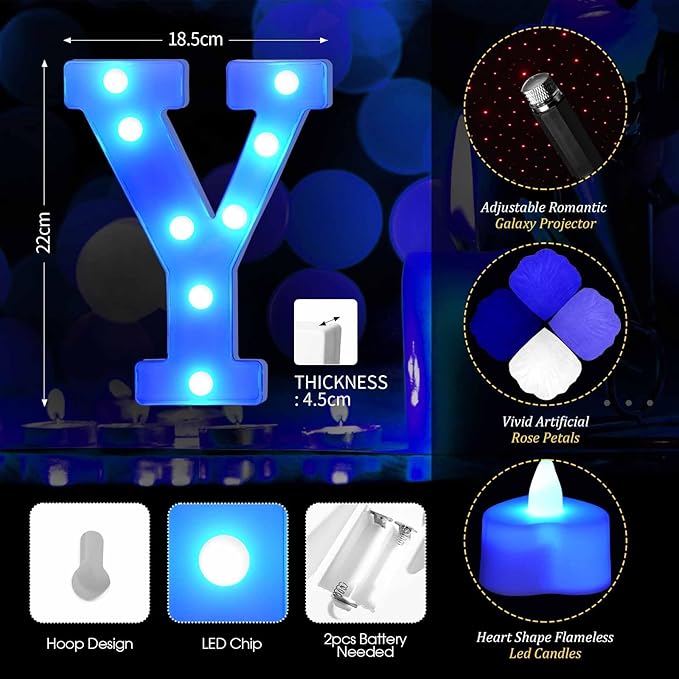 Hortsun Marry Me Light up Letters Proposal Decorations Will You Marry Me Sign Rose Petals 24 LED Candles Romantic Night Light for Proposal Engagement Wedding Anniversary Valentine's Day(Blue)