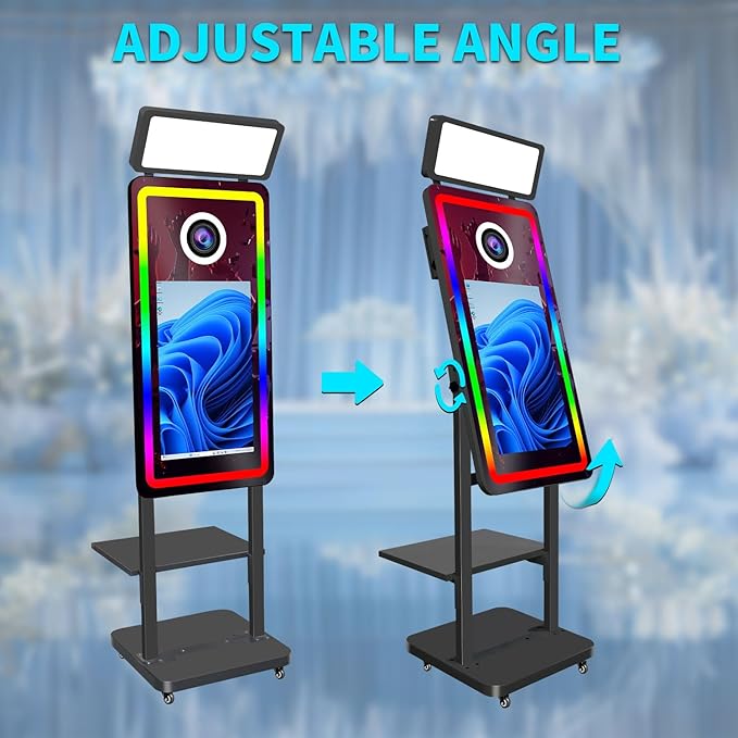 Magic Mirror Photo Booth with Printer, 40in Selfie Mirror Photo Booth with 21.5in Touch Screen with Color Lights, Built-in Mini PC, for Weddings, Parties (Black, with Printer no Camera)