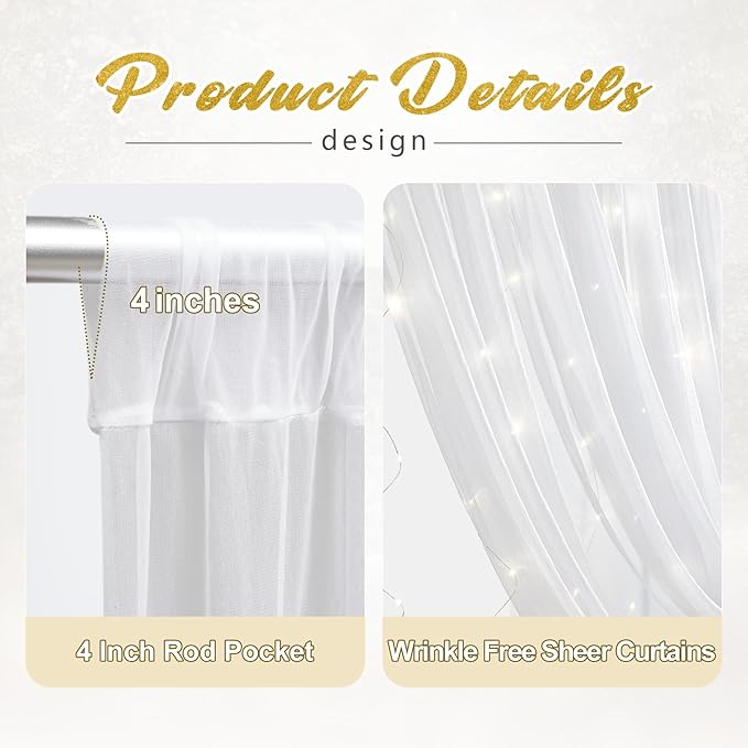 20x8ft White Tulle Backdrop Curtain with Lights String for Parites, Sheer Photo Backdrop Drapes with Lights for Wedding Ceremony Reception Bridal Shower Baby Shower Birthday Party