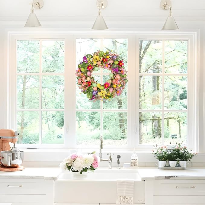 Briful Easter Wreath, 21.7'' Colorful Artificial Door Wreaths with Easter Eggs, Floral Wreaths for Fireplace Mantle Decor, Farmhouse Home Wall Window Decorations