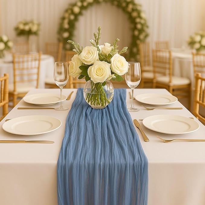12 Pack Dusty Blue Cheesecloth Table Runner – 10FT Gauze Boho Table Runners for Wedding, Baby Shower, French Blue Bridal Party, Rustic Vintage Event Decor
