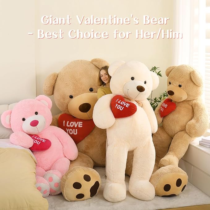 Giant Teddy Bear 52" - Large Stuffed Animal with Heart - I Love You Plush Toys for Kid Christmas Birthday - Valentines Gift for Girlfriend