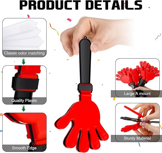 Junkin 100 Pcs Hand Clappers Bulk 7. 5 x 3. 5 Inches Noise Makers Party Favors Clapping Noise Maker Clacker for Birthdays Game Prizes Rewards Football Sporting Events Cheers Supplies (Black Red)