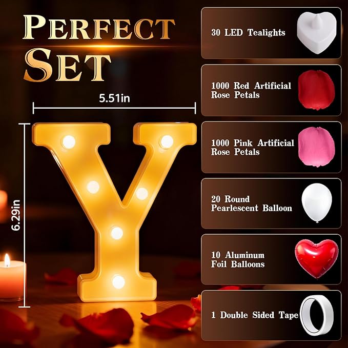 73 PCS I Love You Light Up Letters Set, with 30 Tea Lights Candles, Rose Petals, Round Pearlescent Balloon, Aluminum Balloons, Romantic Valentine's Day Wedding Engagement Birthday Party Decoration
