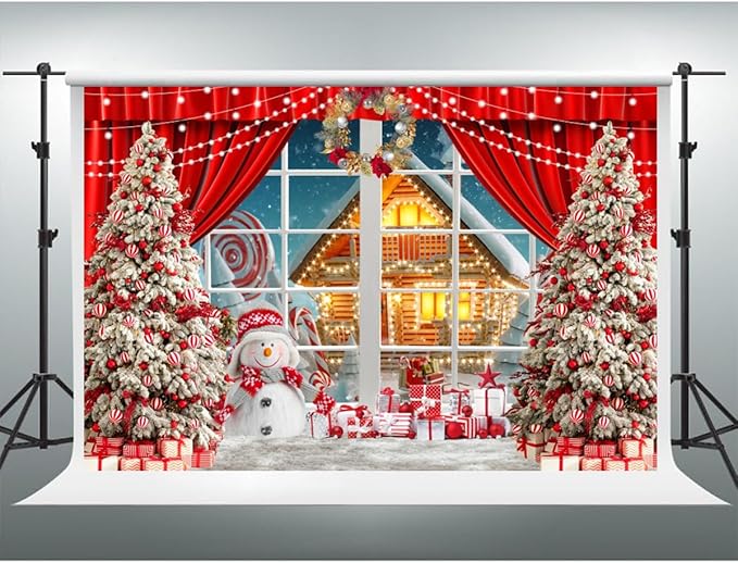 YongFoto Merry Christmas Backdrop 12x10ft Snowman Window View Snowy Town Xmas Tree Photography Background 2026 New Year Family Winter Holiday Party Banner Portrait Photoshoot Wallpaper Photo Booth