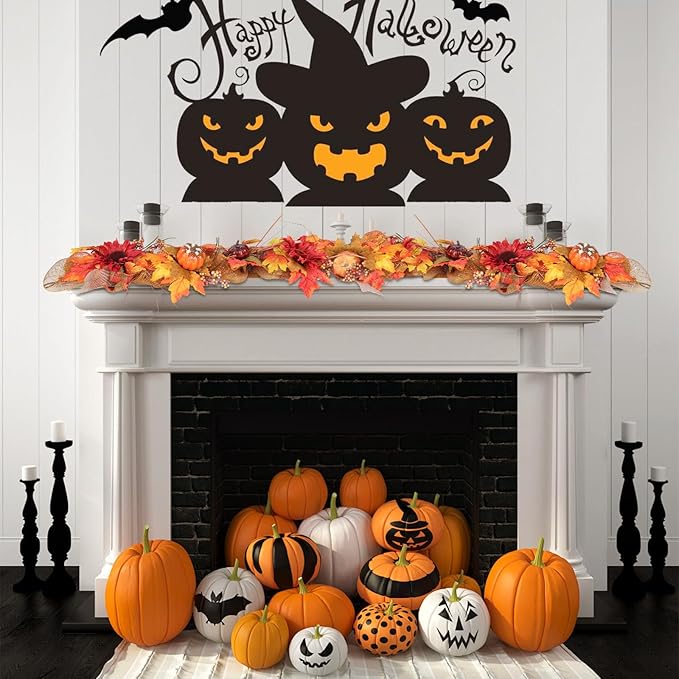 2 Pack 6ft Thick Fall Maple Leaves Garland with Pumpkin and Berry, Artificial Sunflower Autumn Harvest Garland w/Ribbon for Mental, Thanksgiving, Halloween, Fireplace Porch Indoor Outdoor Decoration