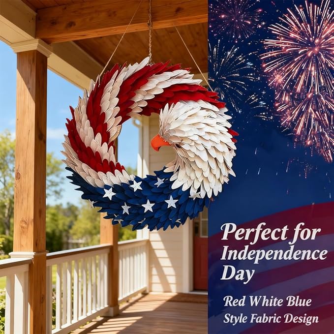 250th Anniversary Eagle Wreath 3D Patriotic Brave Wings Decoration Red White Blue Style Fabric Design for Front Door Wall Porch Independence Memorial Day Indoor Outdoor Decor(2pcs,9.8in)