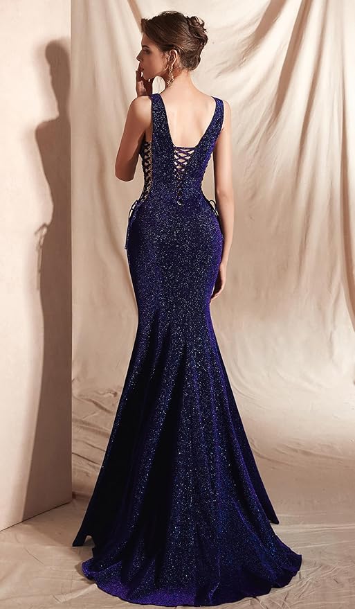 Women's Double V-Neck Sequins Lace-up Mermaid Evening Dress