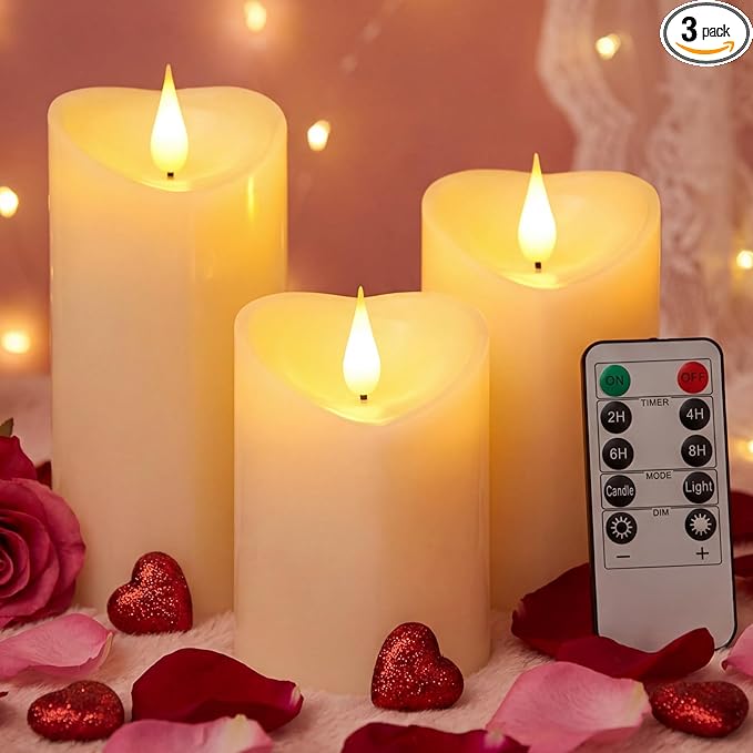 Retisee 3 PCS Valentine's Day Heart Pillar Candle - 4" 5" 6" LED Battery Operated Flameless Candle with Remote for Valentine Women Romantic Home Weeding Decoration Gift(Ivory)