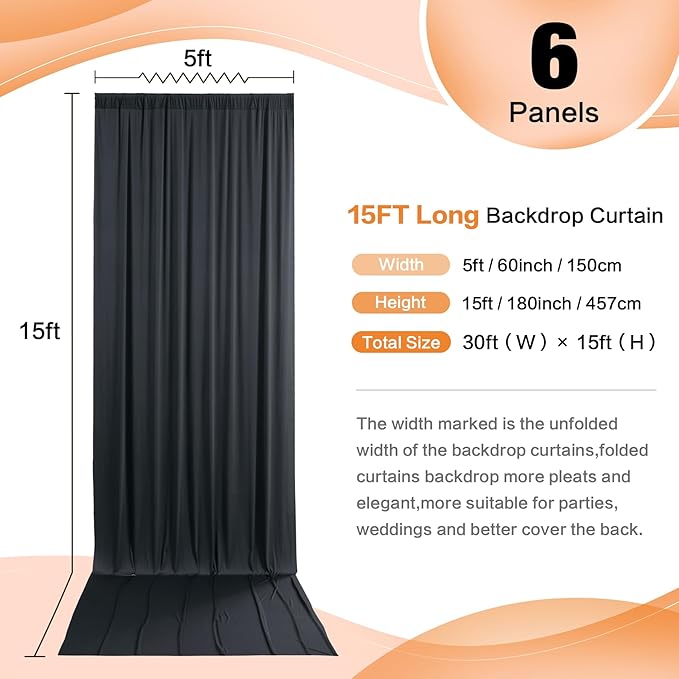 30ft x 15ft Black Wrinkle Free Backdrop Curtains for Parties,Silky Polyester Fabric Wedding Ceiling Drapes-6 Panels 15ft Photo Back Drop Drapes for Baby Shower Photography Stage Background Cloth