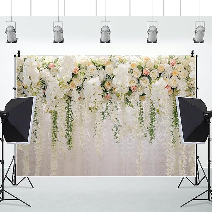 14x10ft Wedding Backdrop White Curtain Floral Wedding Ceremony Photography Background Bridal Shower Party Decor Lover Engagement Proposal Prom Banner Newborn Baby Shower Party Vinyl Wallpaper