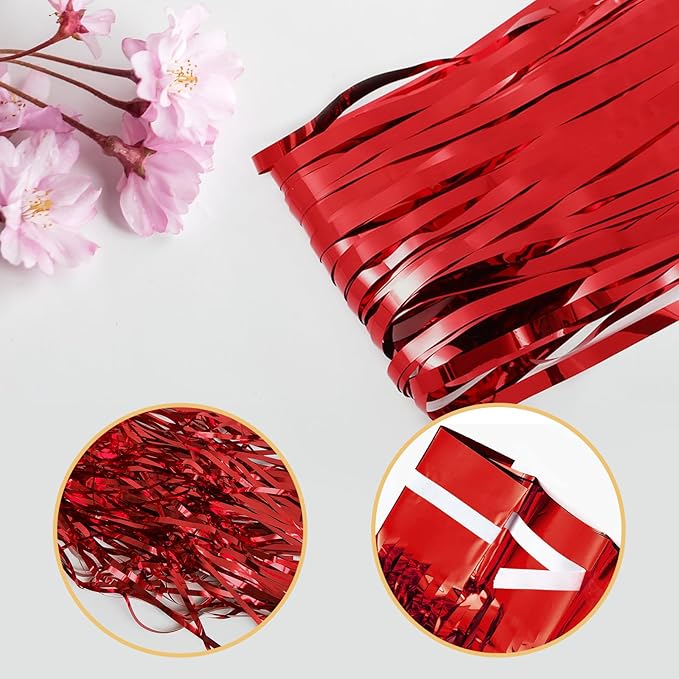 20 Pack Red Foil Fringe Curtains 3.2ft x 9.8ft Black Foil Curtain Backdrop Metallic Tinsel Curtains Streamer Photo Booth Backdrop for Birthday Party Engagement Bachelorette Party Decorations