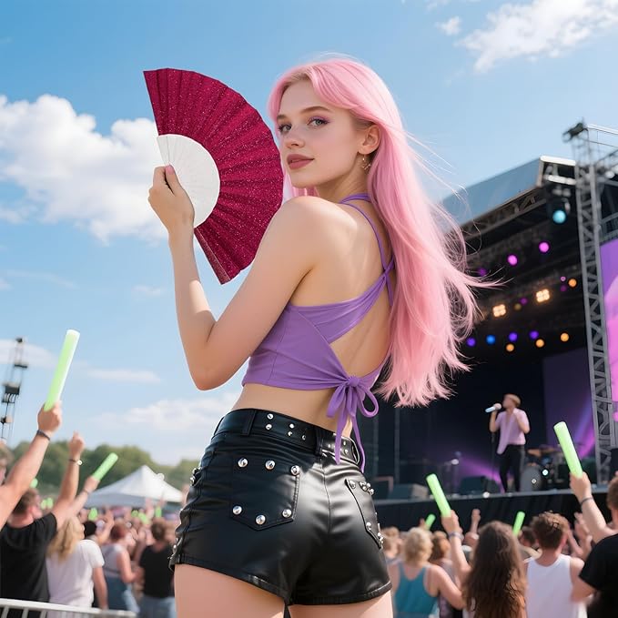 24 Pack Handheld Fan,Folding Hand Glitter fan with Shining Transparent Fan Rib – Ideal for Wedding, Church, Festival, Dance, Tea Party, Club, and EDM Accessories, Deep pink