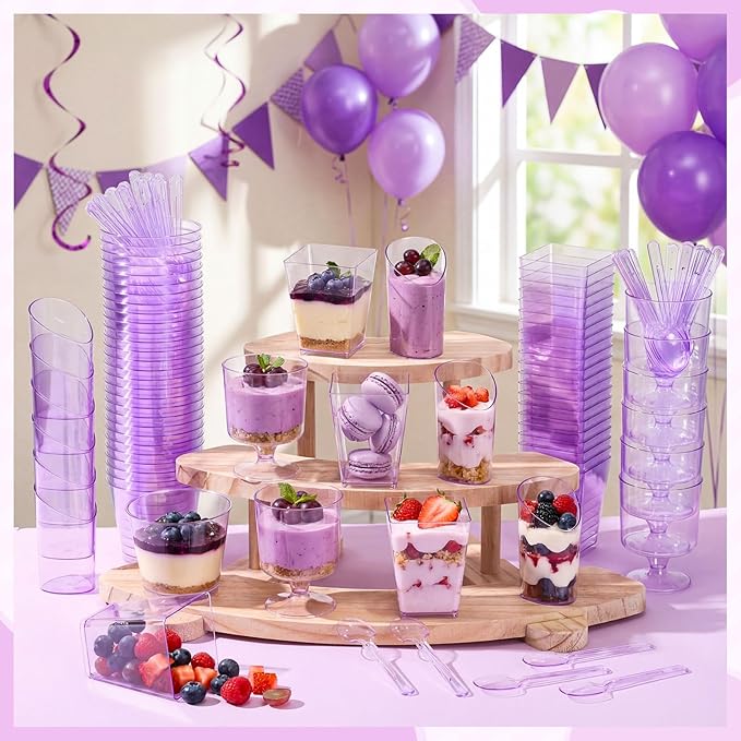 300 Pack Clear Purple Mini Dessert Cups with Spoons 5oz 3oz Plastic Square Slanted Parfait Appetizer Shooter Round Goblet for Dessert Table Birthday Party Ice Cream Pudding Mousse Yogurt