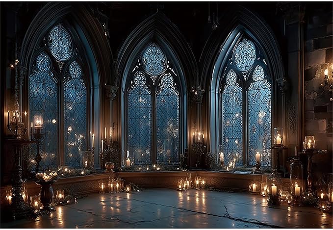 Baocicco Vintage Castle Wall Backdrop Photography 10x8ft Night Candlelight Gothic Fantasy Castle Ancient Arch Window Background Halloween Backdrops Wedding Birthday Party Decorations Props Video