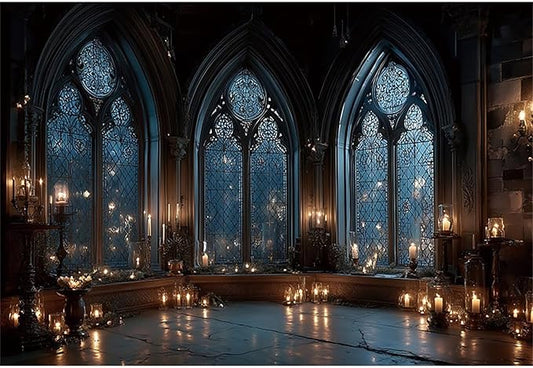 Baocicco Vintage Castle Wall Backdrop Photography 9x6ft Night Candlelight Gothic Fantasy Castle Ancient Arch Window Background Halloween Backdrops Wedding Birthday Party Decorations Props Video