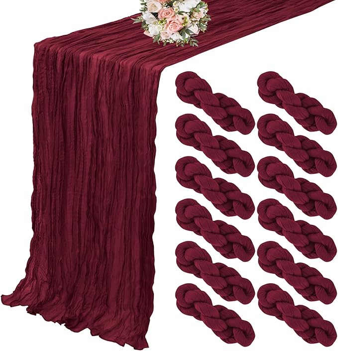 12 Pack Cheesecloth Table Runner 20 x 120 inch Cheese Cloth Table Runner Bulk,Romantic Boho Sheer Gauze Fabric Table Runners for Wedding Reception,Party,Bridal Shower Table Decor(Burgundy)