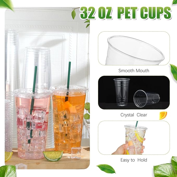 Hushee 500 Sets 32 oz Clear Plastic Cups with Lids and Individually Wrapped Straws Disposable PET Cups for Iced Coffee Cold Drinks Smoothie Juice Parfait Milkshake Parties