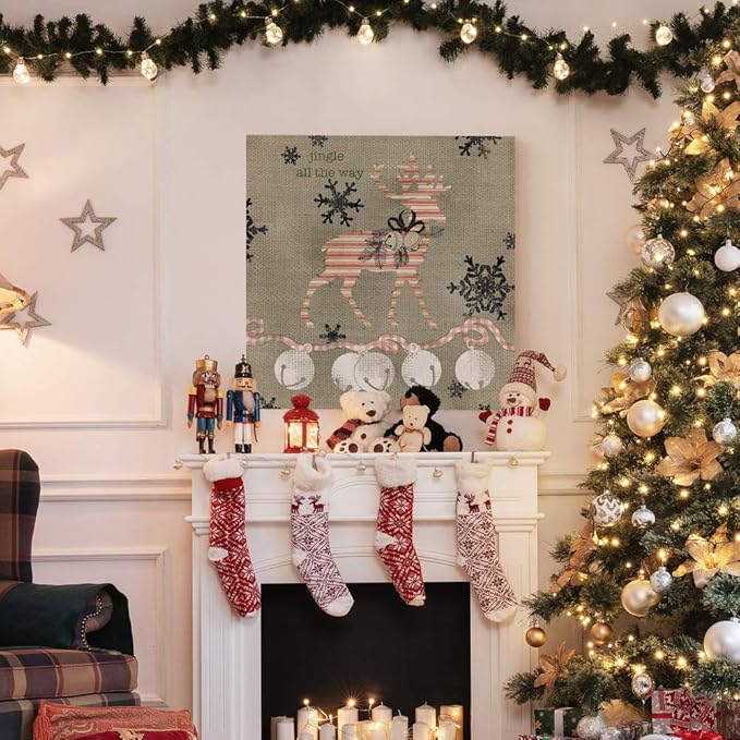 Renditions Gallery Jingle All the Way Reindeer Wall Art, Christmas & Winter Decor, White & Red Striped Fabric Look, Premium Gallery Wrapped Canvas, Ready to Hang, 24 in H x 24 in W, Made in America