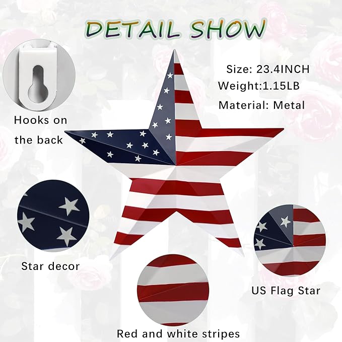 JoyEvy 23.4“ Patriotic Metal Barn Star Wall Decor, American Flag Stars for House Ornaments, Indoor Outdoor Wall Hanging Primitive Decor Star for 4th of July Decoration