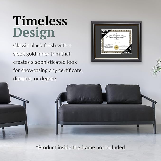 Creative Picture Frames 14" x 16" Rockefeller Black with Gold Rim Diploma Frame, Displays 14" x 16" Certificate or 16" x 20" Document without Mat, College Degree Frame, Full-Strength Glass, Black Mat