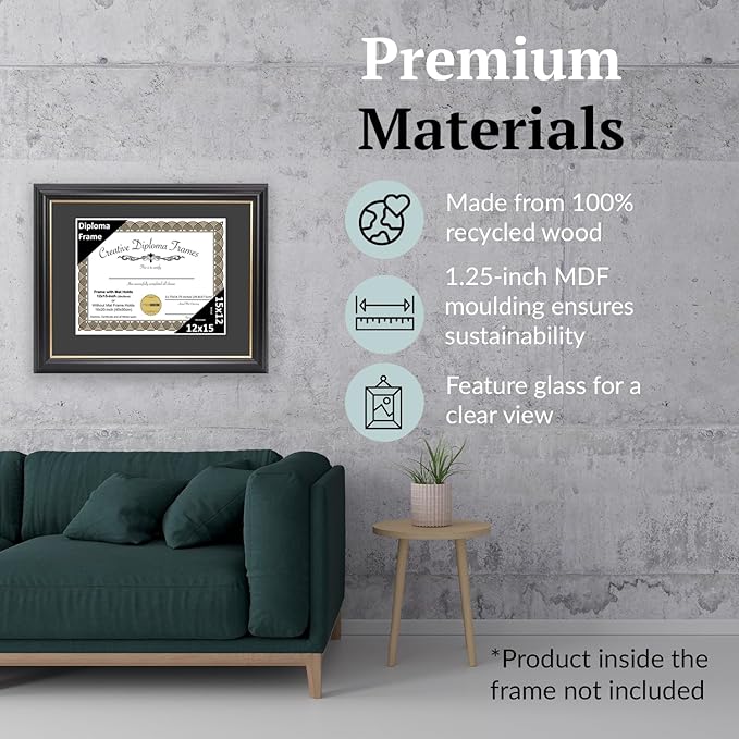 Creative Picture Frames 12" x 15" Rockefeller Black with Gold Rim Diploma Frame, Displays 12" x 15" Certificate or 16" x 20" Document without Mat, College Degree Frame, Full-Strength Glass, Black Mat