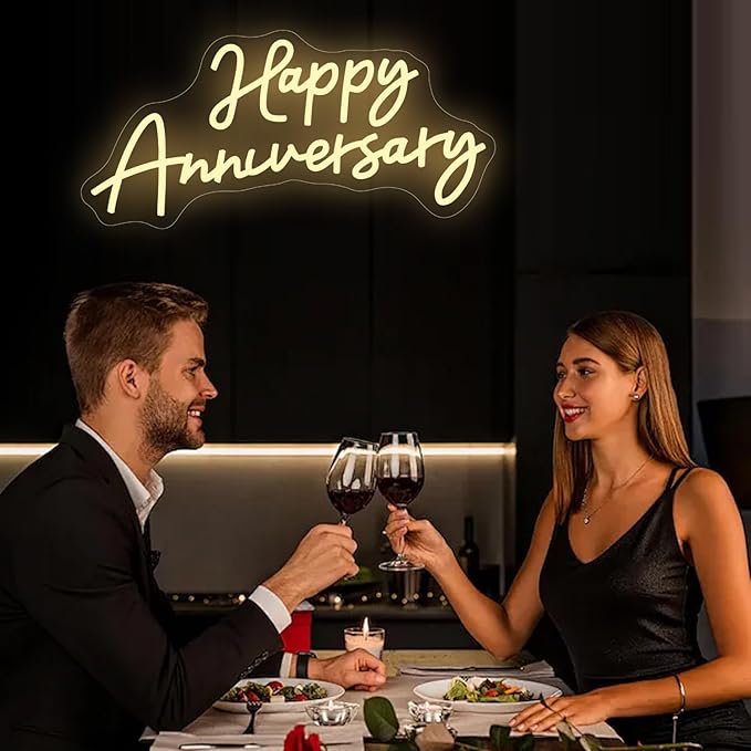 Large Happy Anniversary Banner Led Neon Signs for Wall Decorations 23"×11" Wife Husband Parents Wedding Happy Anniversary Sign for12 36 45th Birthday Party Romantic Decor Backdrop