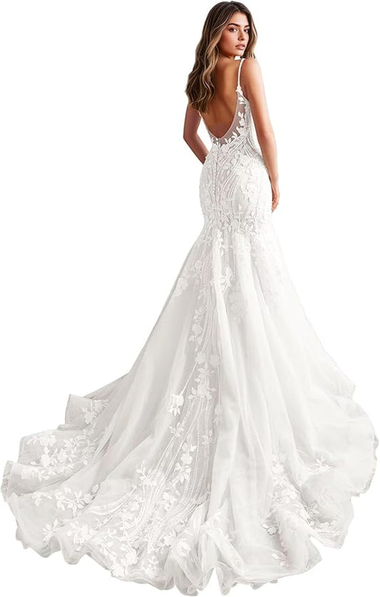 Zeeyecie Mermaid Tulle Wedding Dresses Lace Applique Corset V-Neck Sparkly Bridal Gowns with Train for Brides