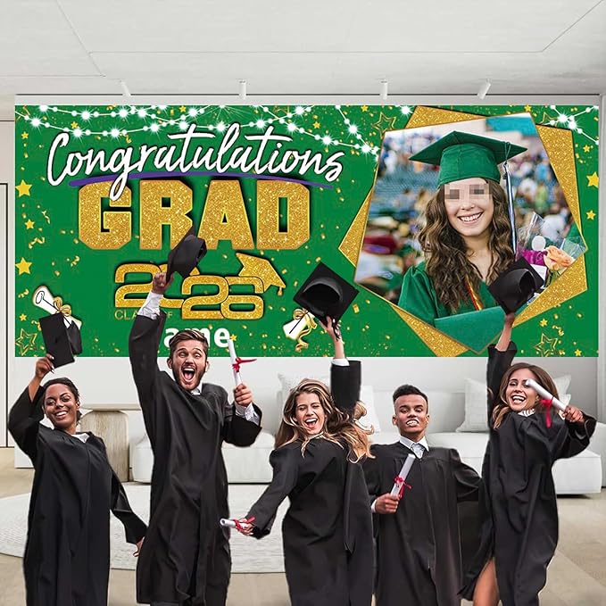 Custom Garaduation Garage Door Banner Cover 16 x 7 ft Class of 2026 Congrats Grad Party Backdrop Personalized Graduation Decoration(Dark Green and Gold)