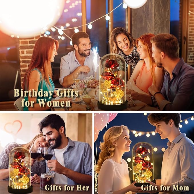 Valentines Day Rose Gifts for Her Galaxy Flower Rose in Glass Dome with 2 Light Modes,Enchanted Rose Light Up Rose Valentines Anniversary Birthday Gifts for Wife Girlfriend Women Mom Best Friend Her