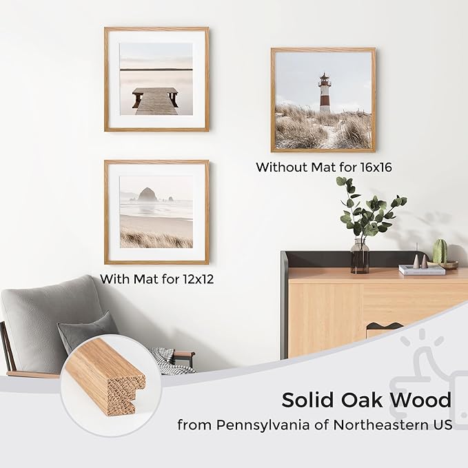 Axeman 16x16 Picture Frame with Mat for 12x12, Solid Oak Wood Square Picture Frame with Tempered Glass, Wooden Square Photo Frame 16''x16'' for Art Photo and Prints, Wall Hook Included, Natural