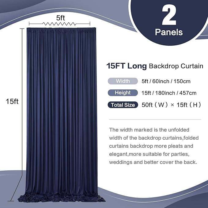 10ft x 15ft Navy Blue Wrinkle Free Backdrop Curtains for Parties,Silky Polyester Fabric Wedding Ceiling Drapes, 2 Panels 15ft Photo Back Drop Drapes for Baby Shower Photography Stage Background Cloth