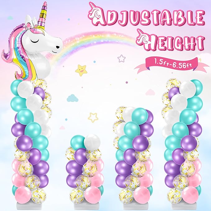Kasyat 2 Set Party Balloon Column Stand Kit with 2 Balloons 100 Latex Balloons, Adjustable Balloon Stands Party Supplies for Girls Wedding Baby Shower Birthday (Unicorn, White)