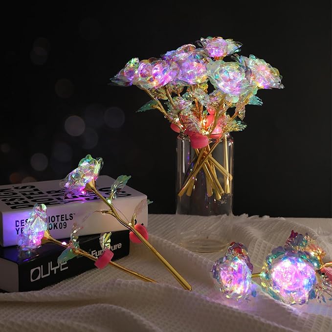 Lyrow 24 Pcs Valentines Galaxy Rose LED Light up Rose Flower Gifts Crystal Artificial Rainbow Flower for Valentine Lover Girlfriend Mom Her Mother's Day Birthday Wedding Gift, 9.84 Inches (White)