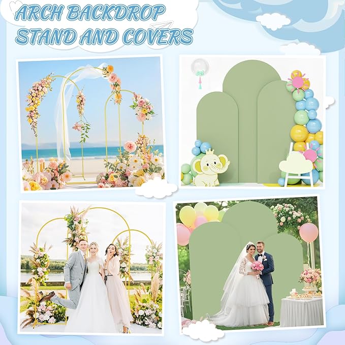 FOTSHARER Arch Backdrop Stand and Cover Set 4FT 5FT 6FT Balloon Arch Stand and Sage Green Arch Cover Set of 3 Gold Wedding Arch Frame for Birthday Party Bridal Shower Ceremony Decorations