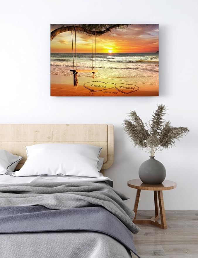IPIC - "Eternal Love Personalized Canvas Wall Art, Custom Beach Sunset Scene with Names and Date in Sand, A Personalized Gift for Couple, Wedding, or Anniversary, Coastal Home Decor