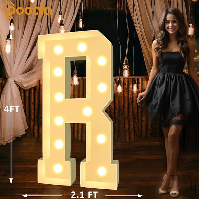 Pooqla 4 FT Light Up Marquee Letters, Giant Mosaic Letter Cool White and Warm White LED, Large Lighted Alphabet Lights for Balloons Birthday Party Anniversary Wedding Decorations, Letter R