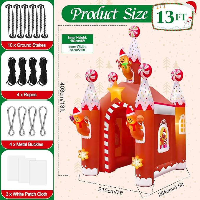 Kalolary 13FT Christmas Inflatable Archway with LED Light, Large Gingerbread Man Tunnel Inflatable Christmas Castle Yard Inflatables Xmas Blow Up Outdoor Decoration for Holiday Party Home Lawn Family