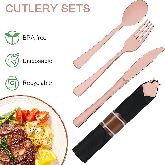 800 PCS Pre Rolled Cutlery Sets, Premium Rose Gold Plastic Flatware Set Wrapped in Black Napkin, Disposable Cutlery Set with 200 Forks, 200 Knives, 200 Spoons, 200 Napkins for Wedding, Party, Dinner