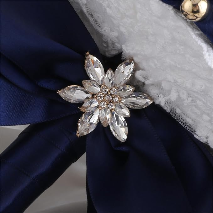 Bridal Wedding Bouquet for Bride Bridesmaid Wedding Quinceanera Throw Toss Artificial Rose Flower Bunch with Bling Brooch (66#Navy, Large (Dia. 9.8"/24cm))
